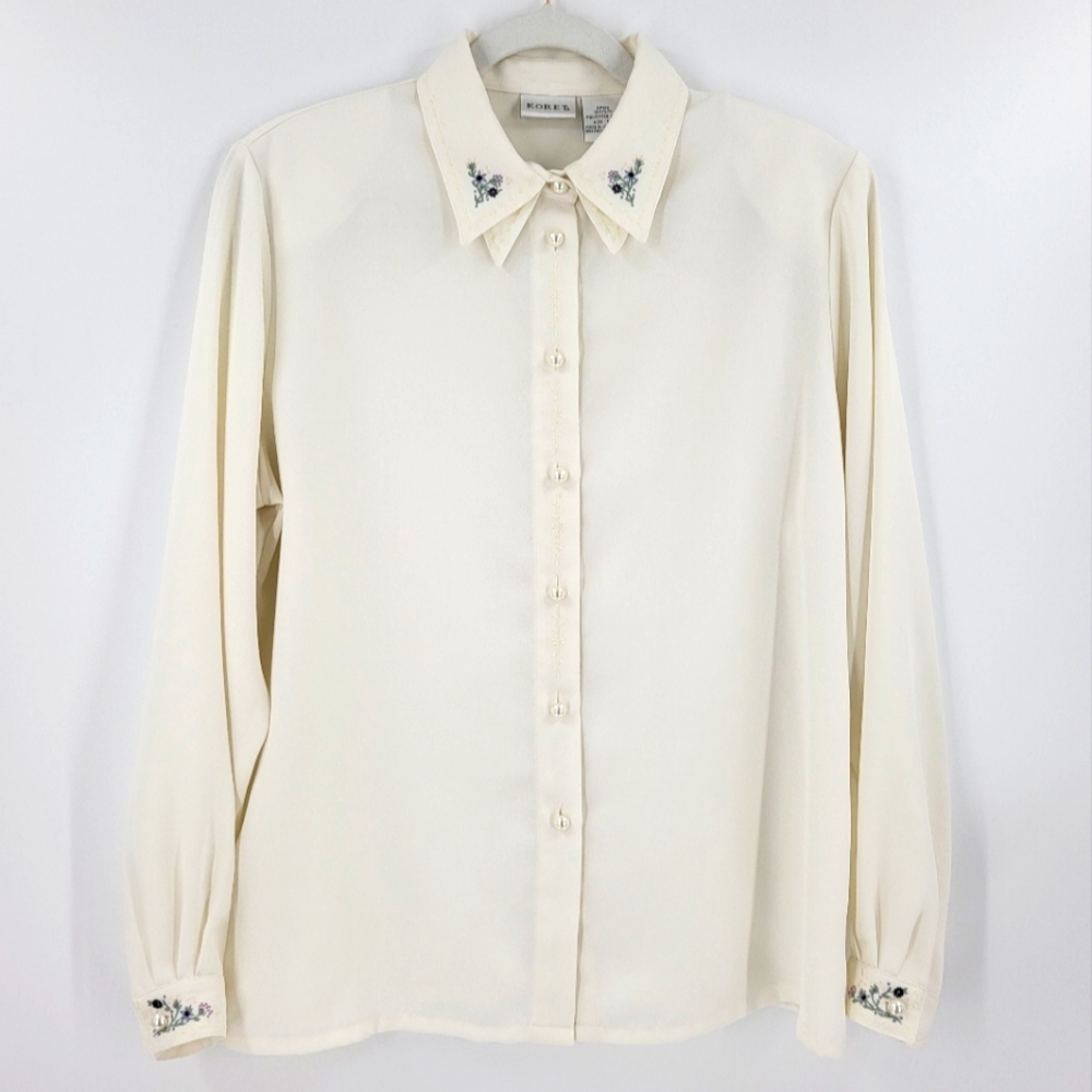 Vintage 80s Koret Grannycore Dainty Double Collar Blouse Shoulder Pads Chiffon